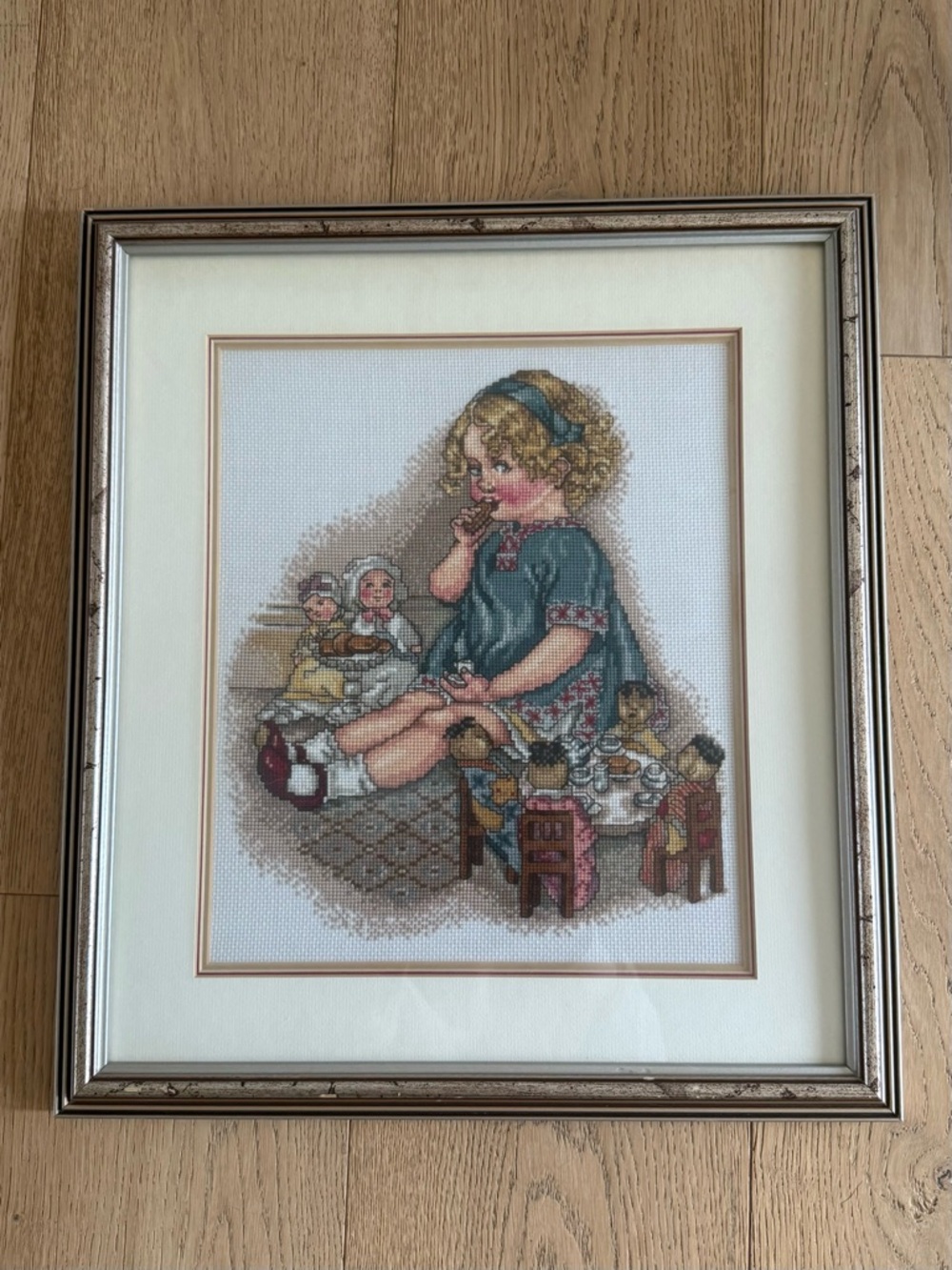 Framed Cross-Stitch Girl with Tea Party Size 16x 18 Frame